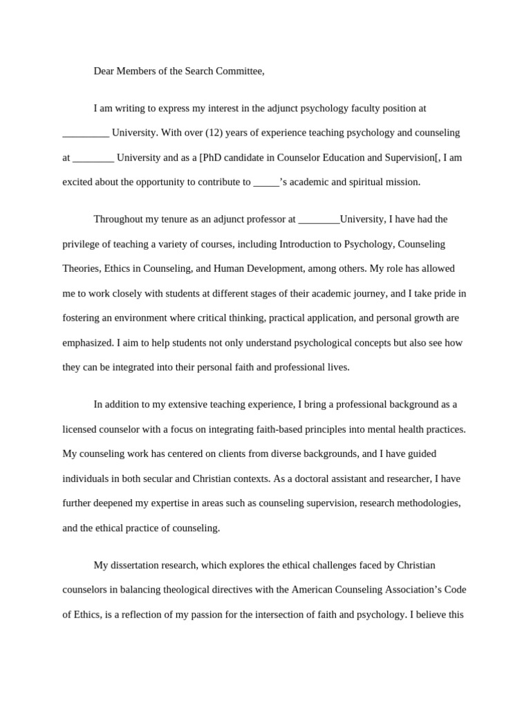 Cover Letter For Adjunct Position at A University | PDF | Counseling ...