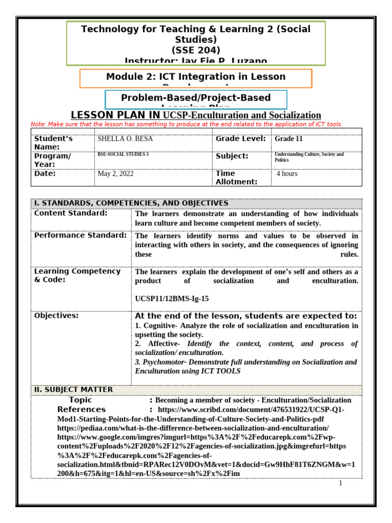 Grade 11 Social Studies Lesson Plan | PDF | Socialization | Learning