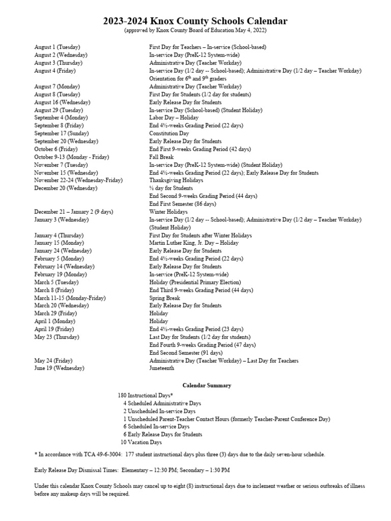 Knox County Schools 2023-2024 Calendar | PDF | Academic Term | Observances