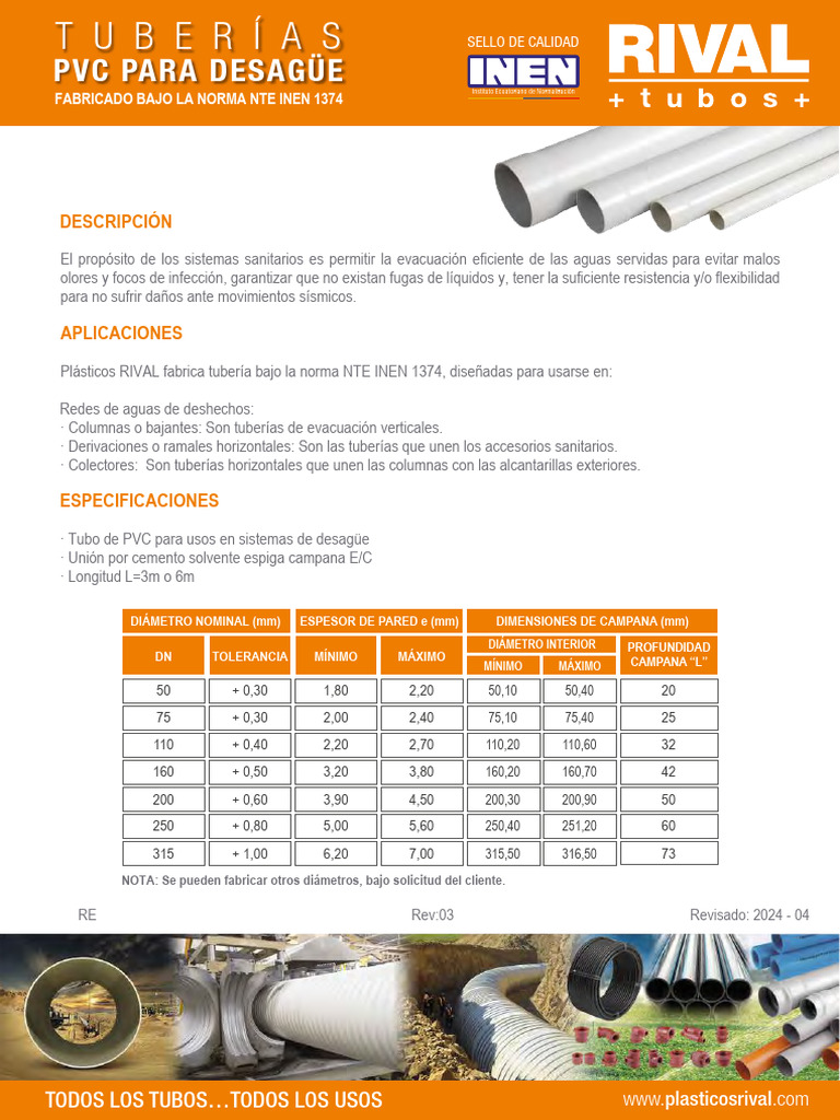 RIVAL-PVC-TuberiasDesague | PDF | Ingeniería hidráulica | Ingeniero civil