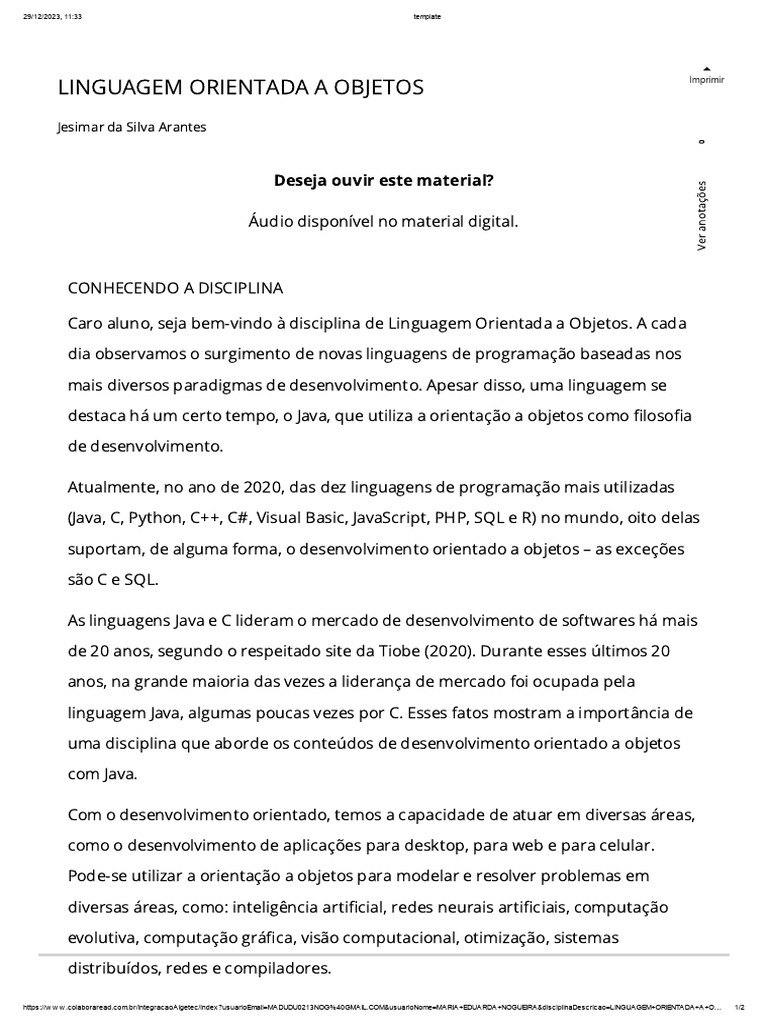 Introdução à Linguagem Orientada a Objetos | PDF | Linguagem de ...