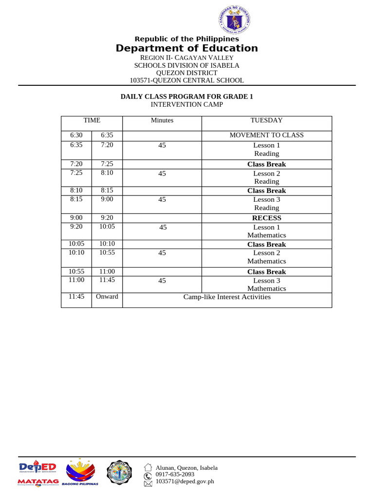 Grade 1-3 Daily Class Program | PDF