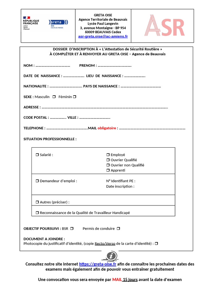 Inscription à l'Attestation de Sécurité Routière | PDF