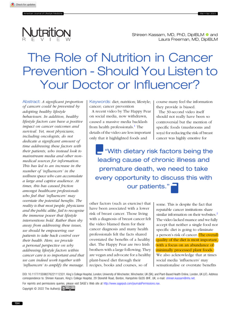 Kassam Freeman 2022 The Role of Nutrition in Cancer Prevention Should ...