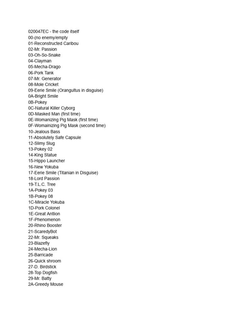 Mother 3 Enemy List and Codes | PDF