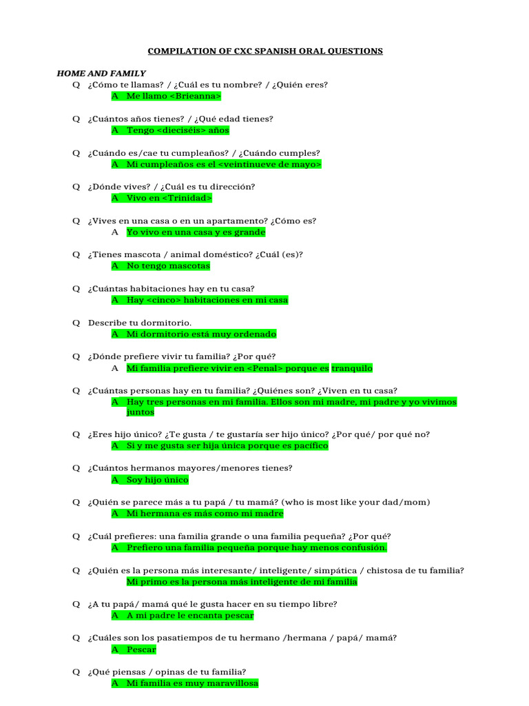 CXC Spanish Oral Questions | PDF | Deportes | Supermercado