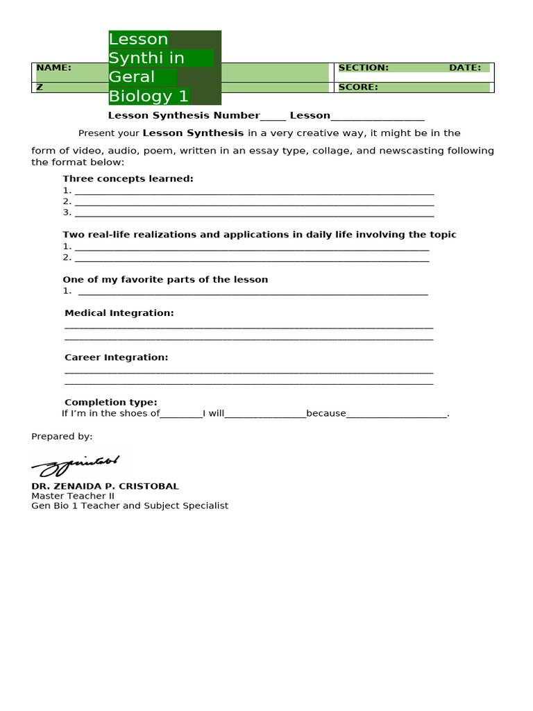 Gen Bio Lesson Synthesis | PDF