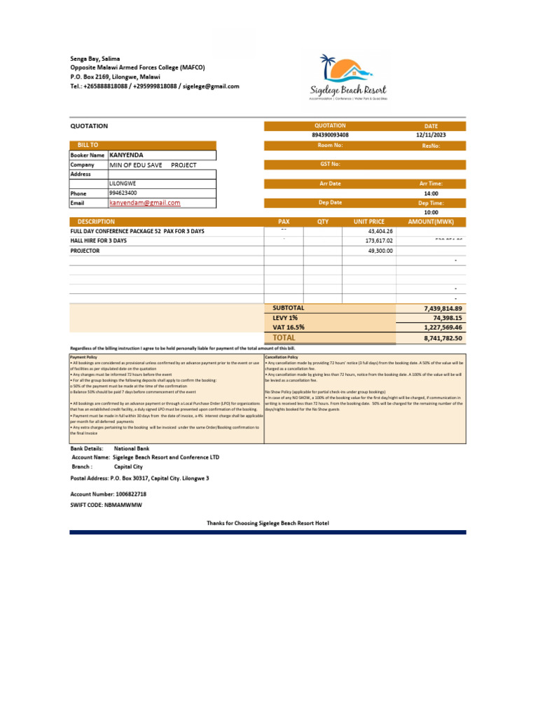 Sigelege Beach Resort Conference Quotation | PDF | Business | Payments