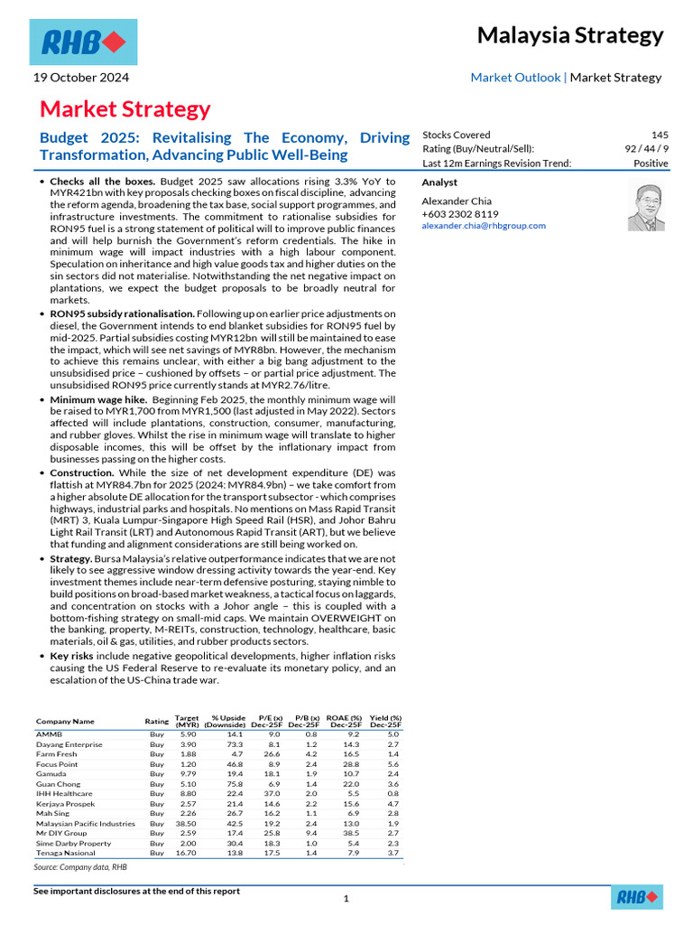 Budget 20241019 Malaysia Strategy | PDF | Cost Of Living | Taxes
