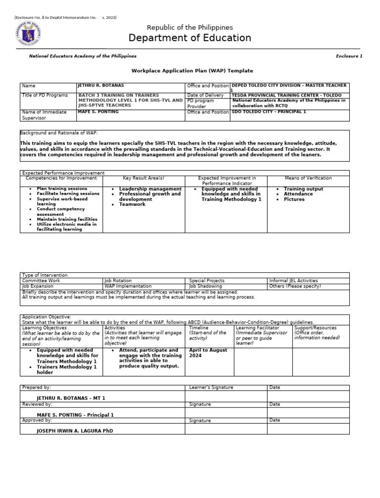 Workplace Application Plan for Teachers | PDF | Learning | Teachers