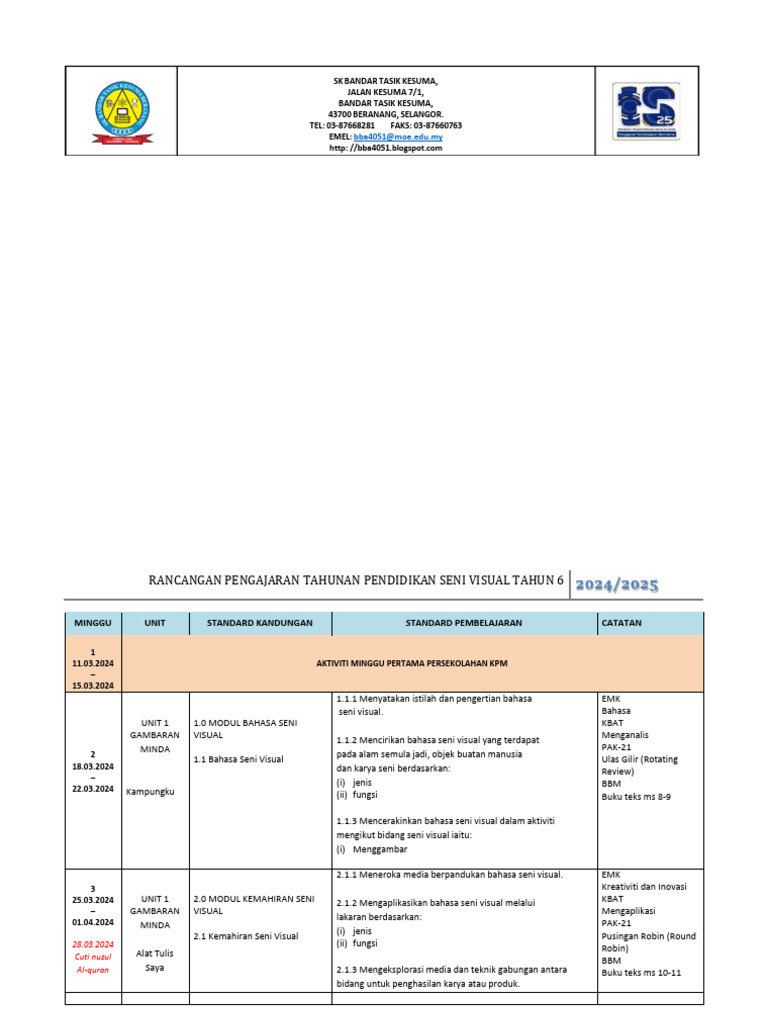 Rancangan Pengajaran Seni Visual 2024/2025 | PDF