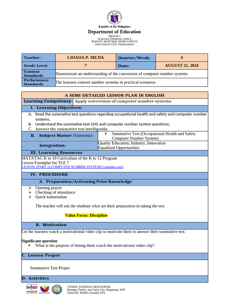 Summative Test Lesson Plan for Grade 7 | PDF | Teachers | Educational ...