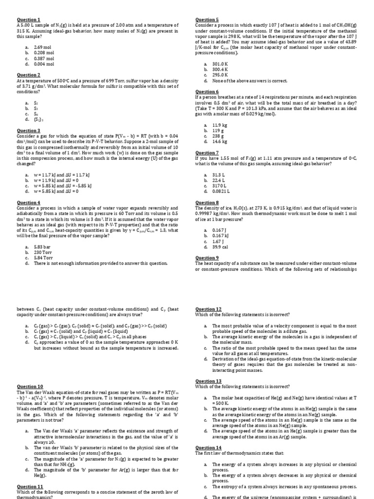 Physical Chemistry I (100 Items) | PDF | Gases | Heat