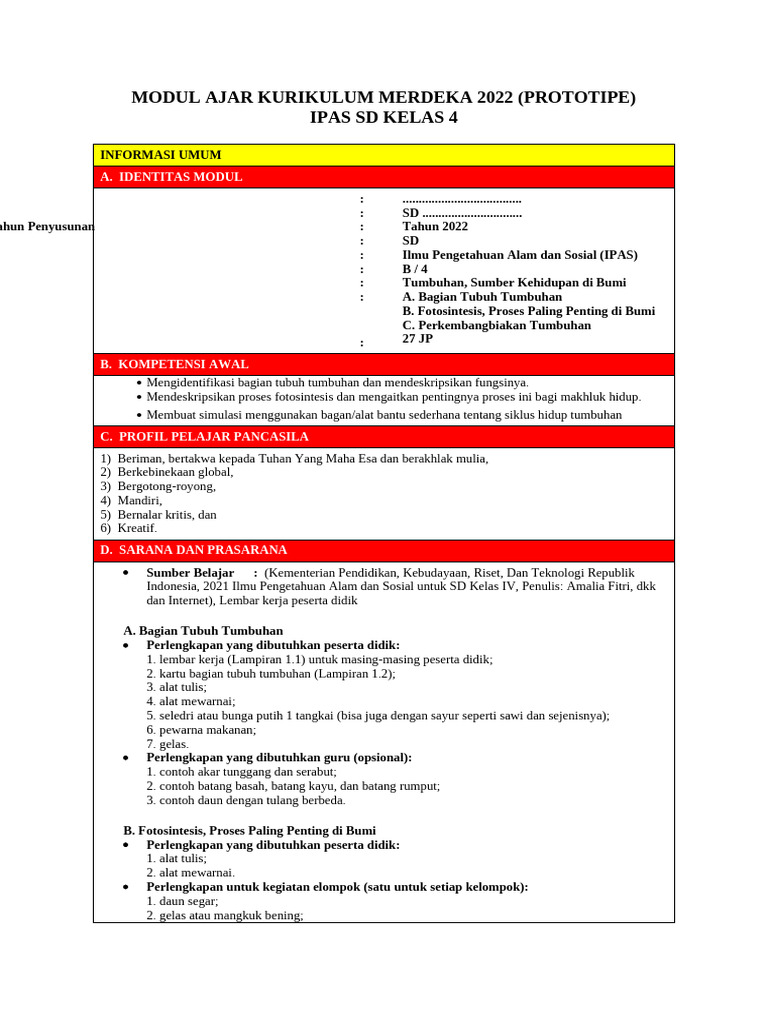 Modul Ajar IPAS Kelas 4: Tumbuhan | PDF
