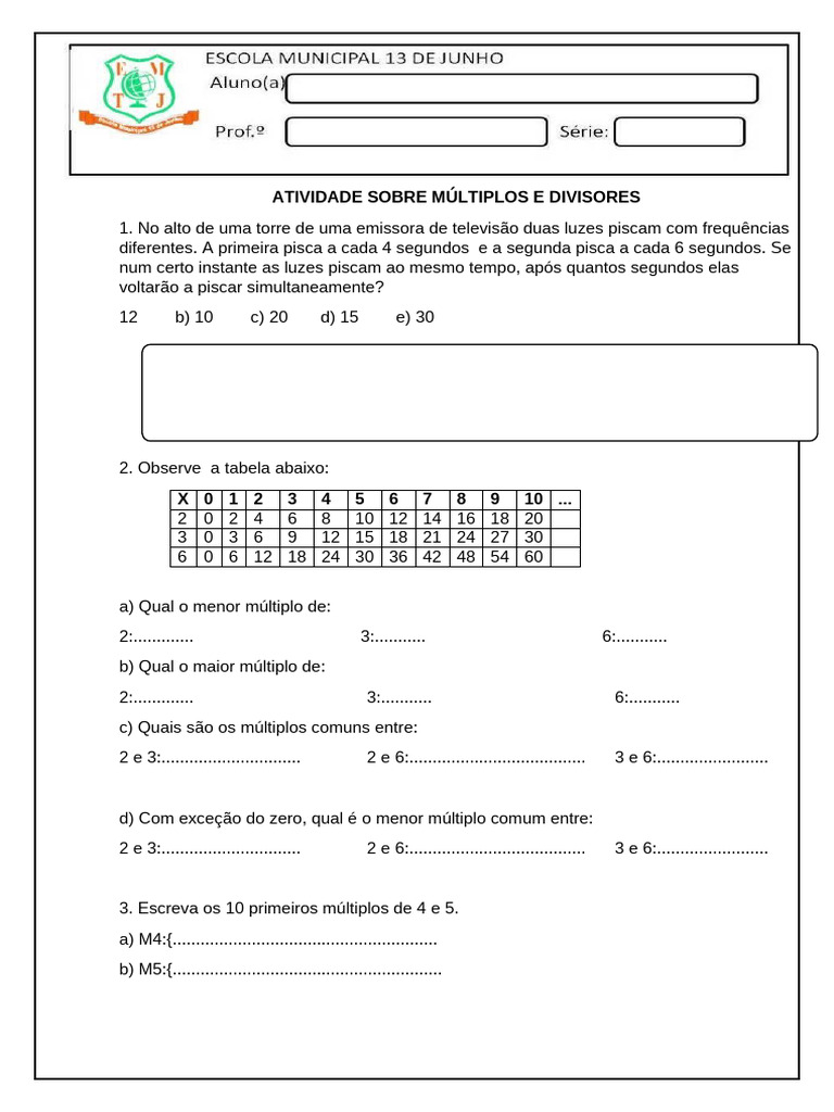 Atividade de Múltiplos e Divisores 7º Ano | PDF