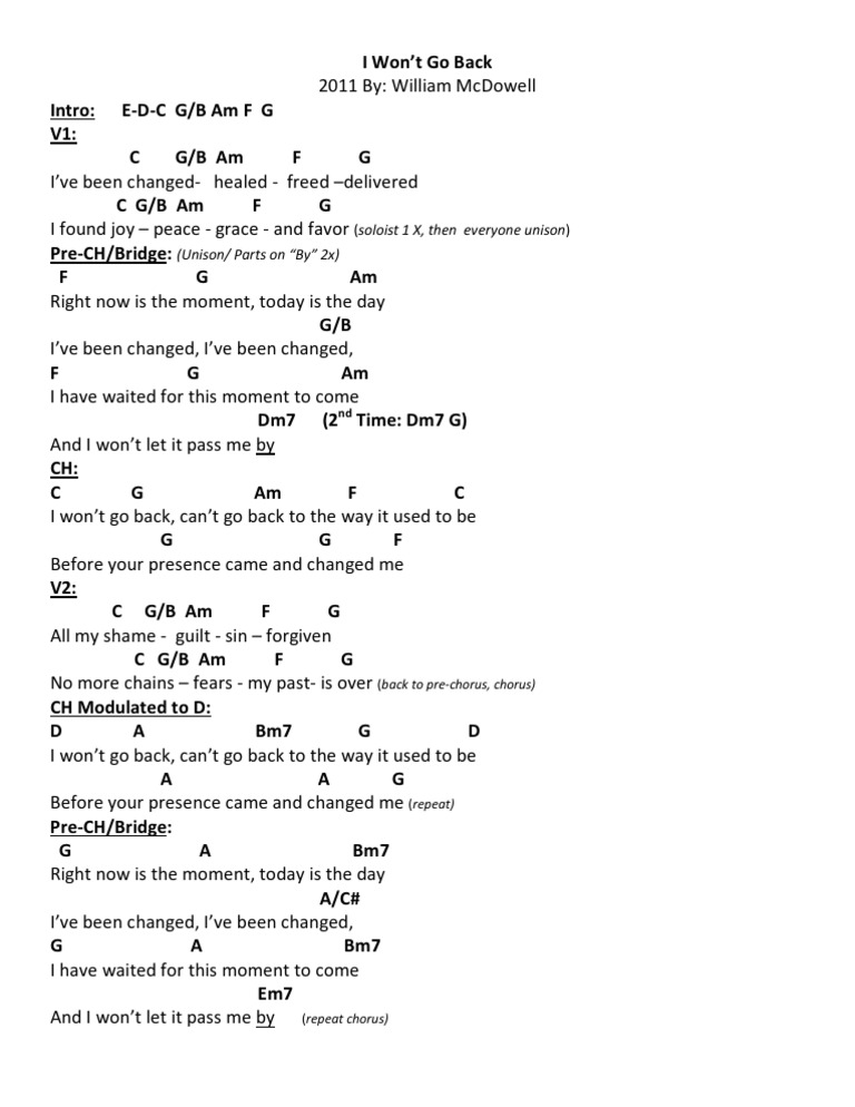 I Won T Go Back Key Of C Modulate To D