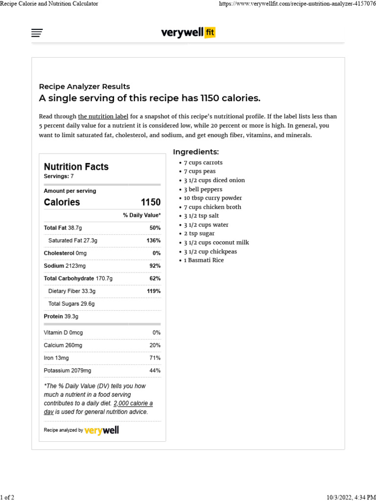 Nutritional Analysis of a Curry Recipe | PDF | Nutrition Facts Label ...