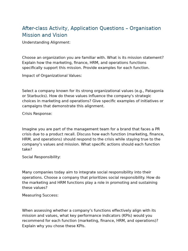 After-Class Activity, Application Questions - Organisation Mission and ...