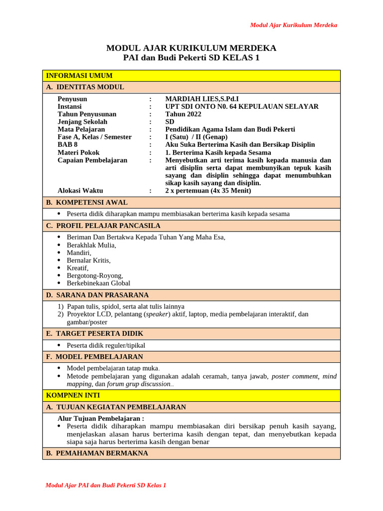 Modul Ajar Pai Kelas 1 Sikap Terima Kasih Pdf