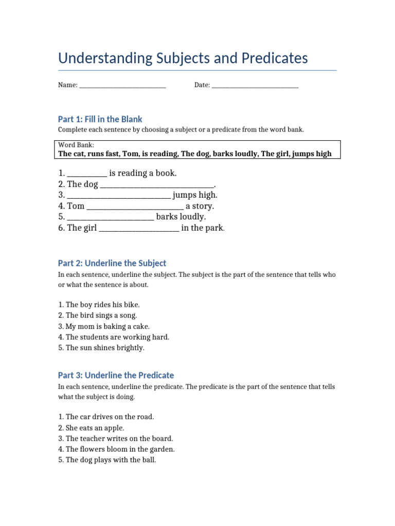Subjects and Predicates Worksheet | PDF