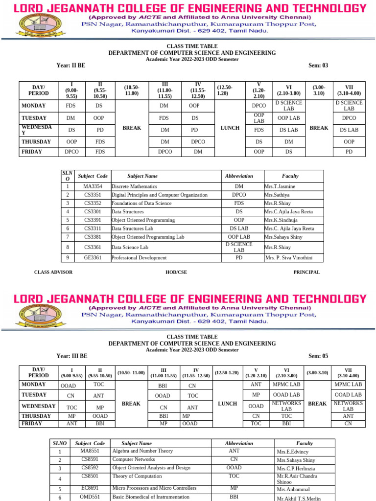 2022 2023 Time Table Odd Pdf Object Oriented Programming Engineering