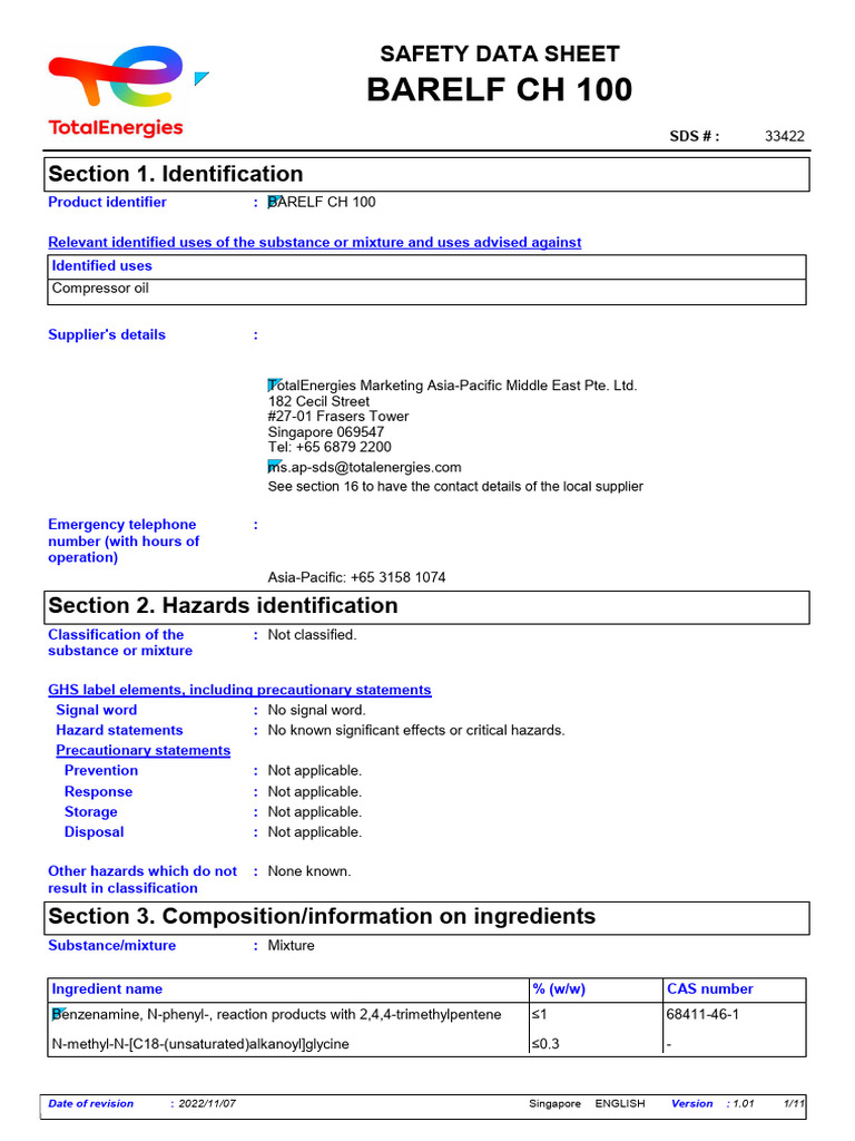 BARELF CH 100 Safety Data Sheet | PDF | Dangerous Goods | Toxicity