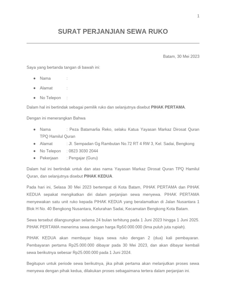 Surat Perjanjian Sewa Ruko Batam | PDF