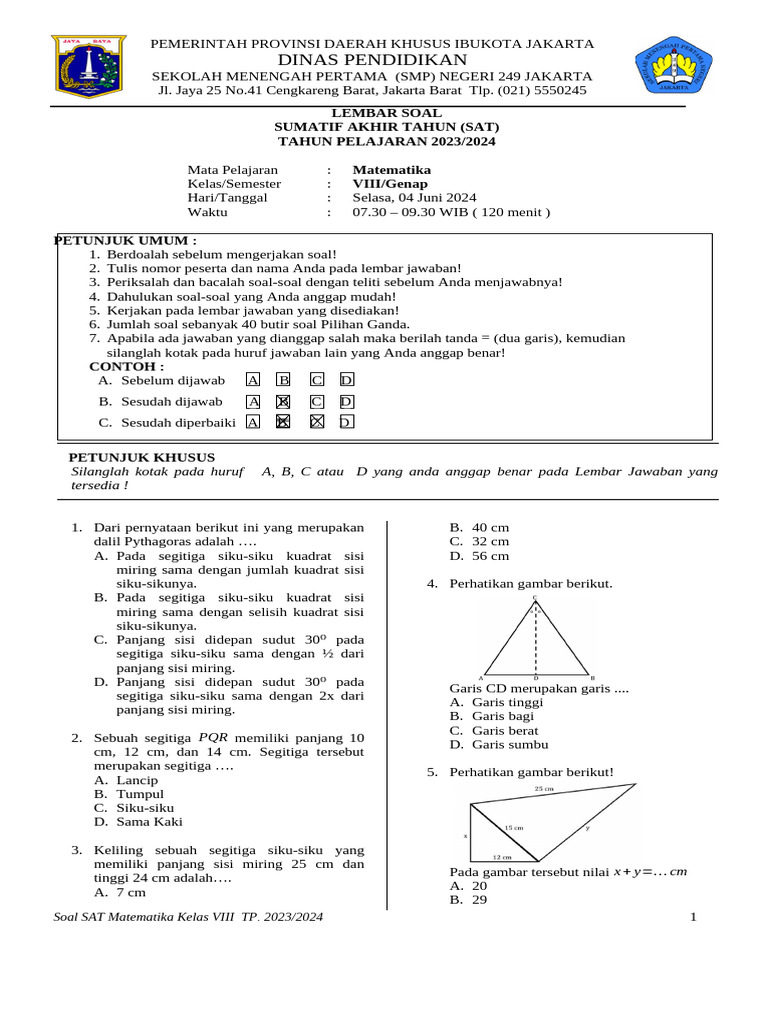 Soal SAT Matematika Kelas VIII 2023/2024 | PDF