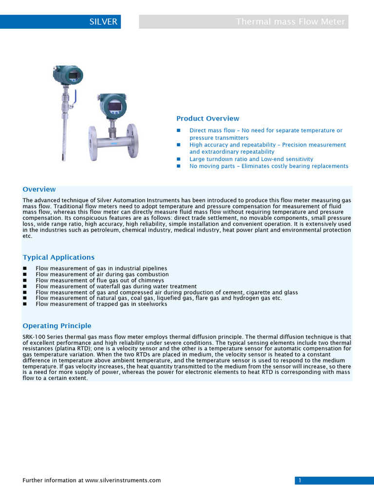 Silver Thermal Mass Flow Meter Overview | PDF | Flow Measurement | Gases