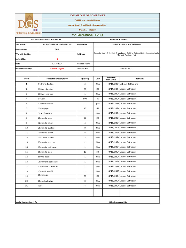 Material Indent Form for Gurudarshan Project | PDF | Building Engineering