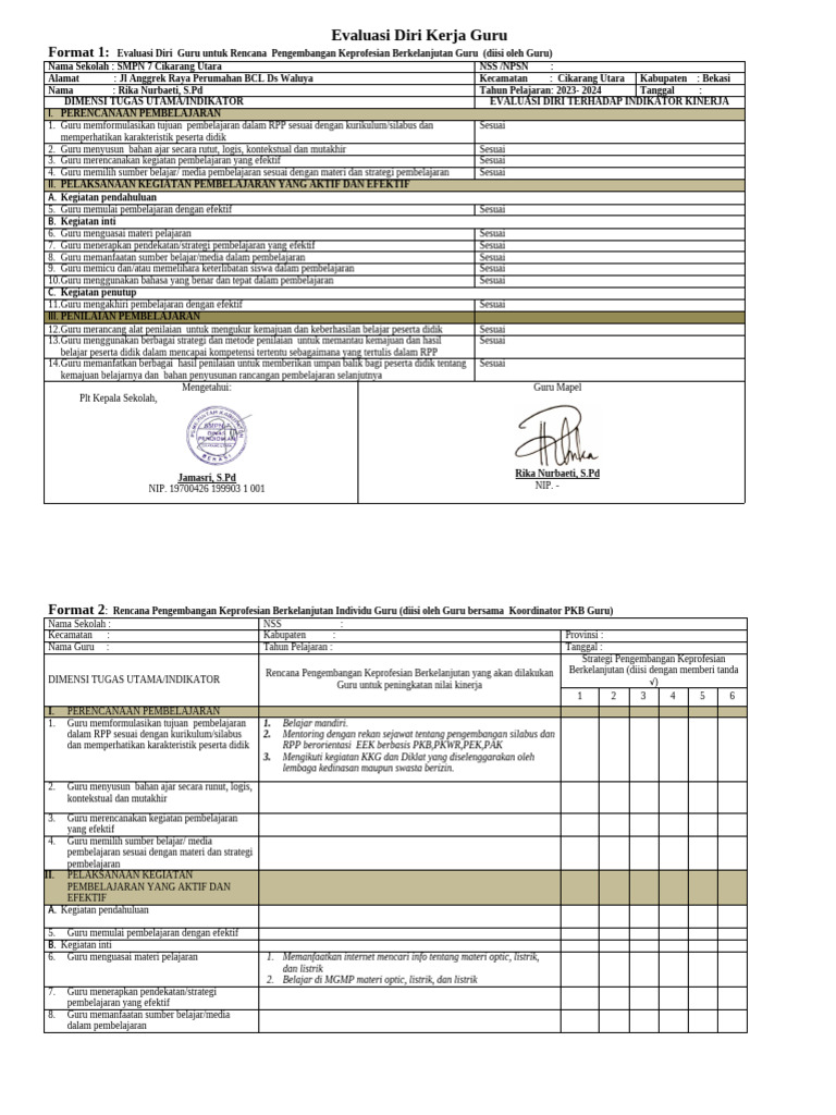 Evaluasi Diri dan Rencana PKB Guru | PDF