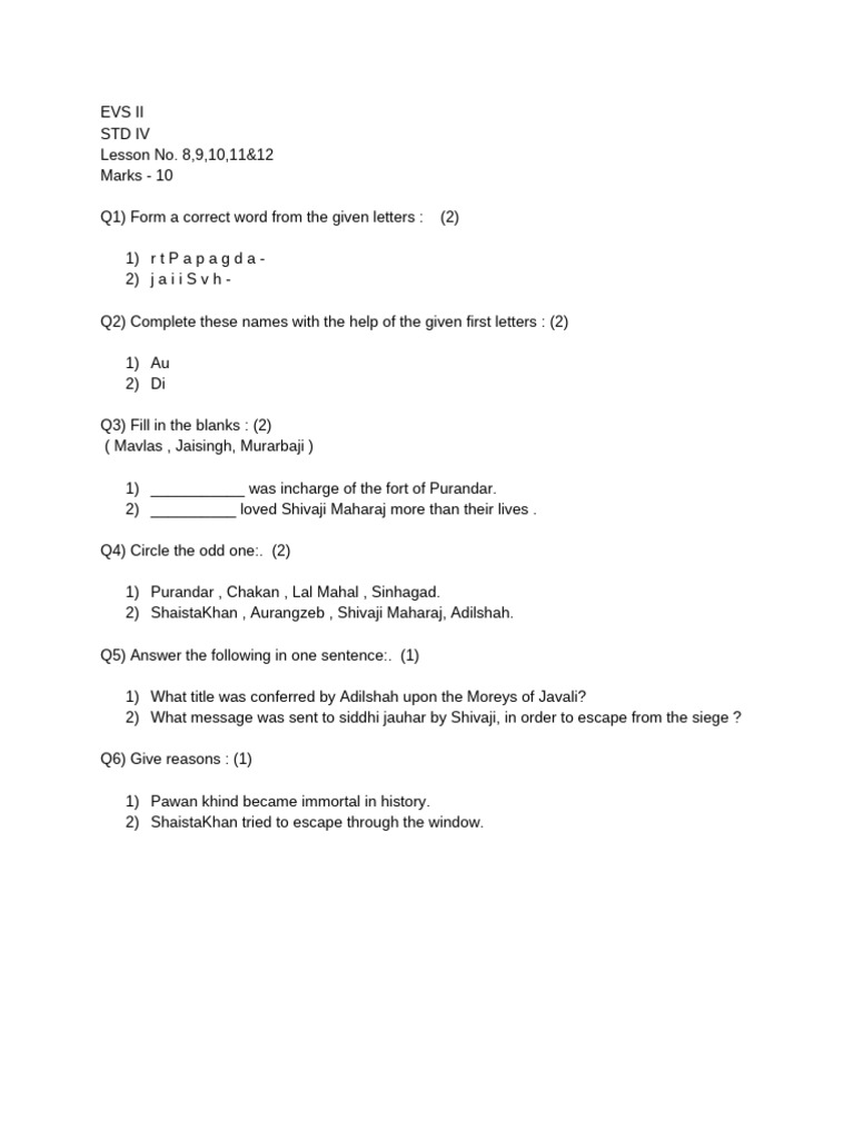 STD IV Evs II II Unit Test 22-23 | PDF