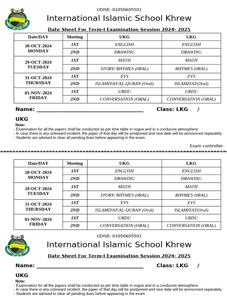 LKG & UKG Exam Timetable 2024-2025 | PDF | Qualifications