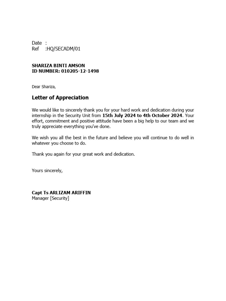 Draft Letter of Appreciation | PDF