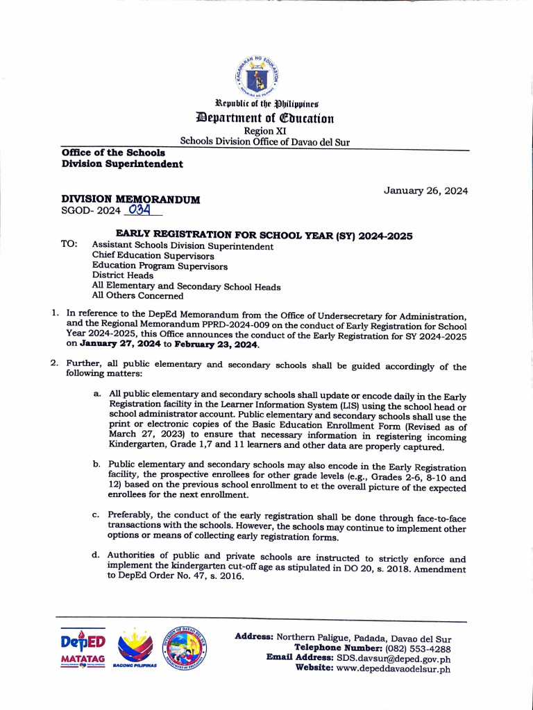 Early Registration Memo SY 2024-2025 | PDF