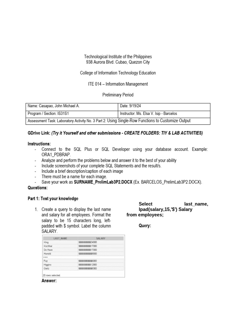 SQL Functions Lab Activity Guide | PDF | Data | Information Retrieval