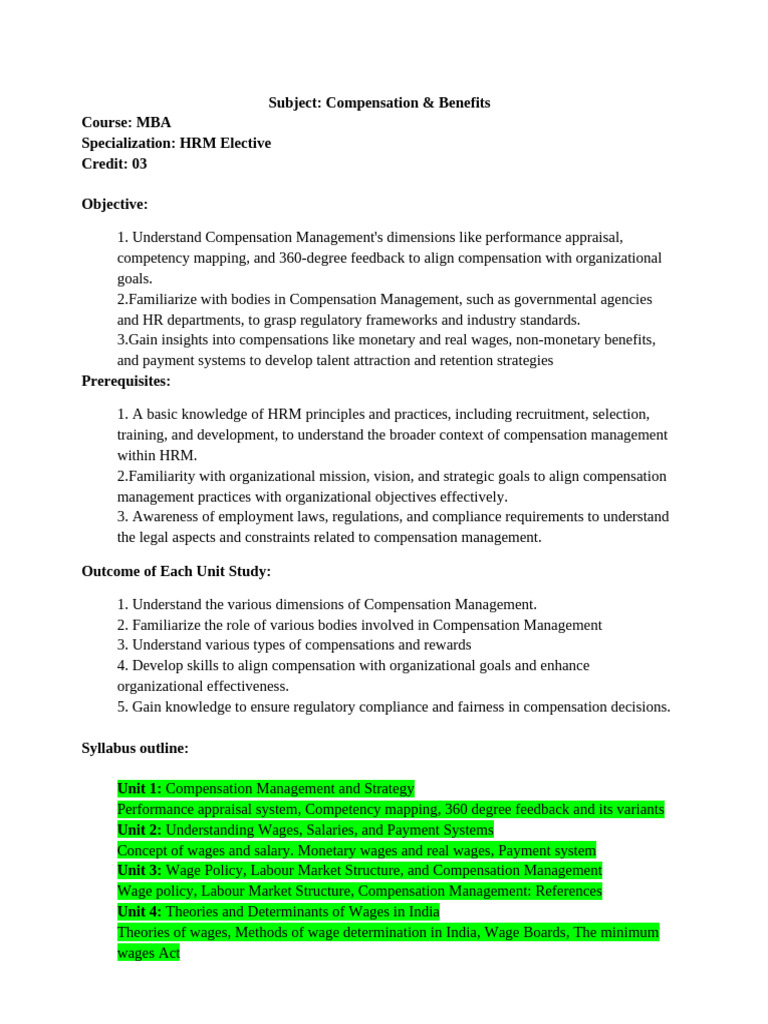 MBA Compensation Management Course | PDF | Human Resource Management | Wage