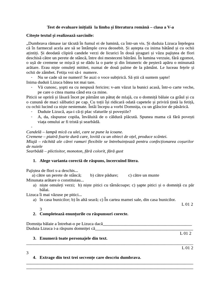Test de Evaluare Inițială La Limba Și Literatura Română Clasa 5 | PDF