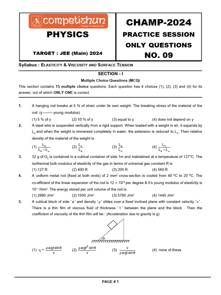 Elasticity and Surface Tension MCQs | PDF | Young's Modulus ...
