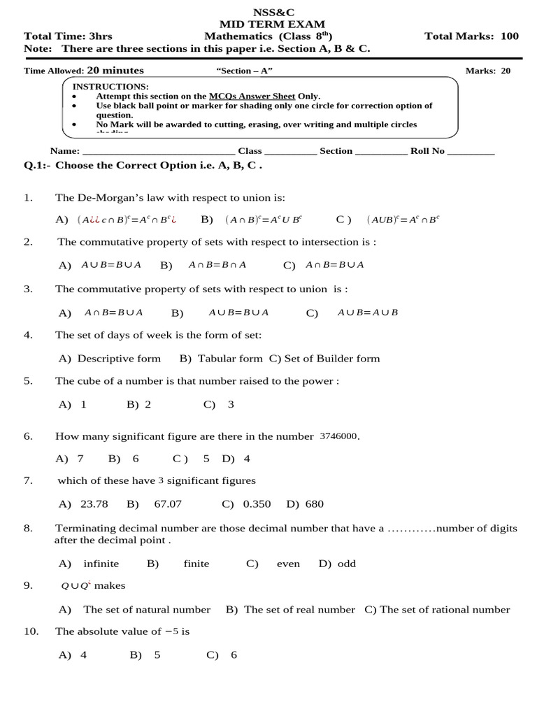 Class 8 Math Mid-Term Exam Paper | PDF | Numbers | Abstract Algebra