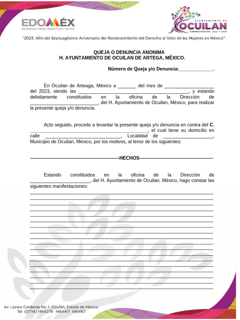 Formato de queja o denuncia anonima pdf