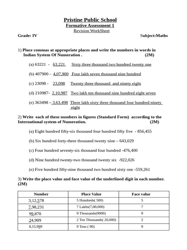 Grade4 Worksheet Answer Key | PDF