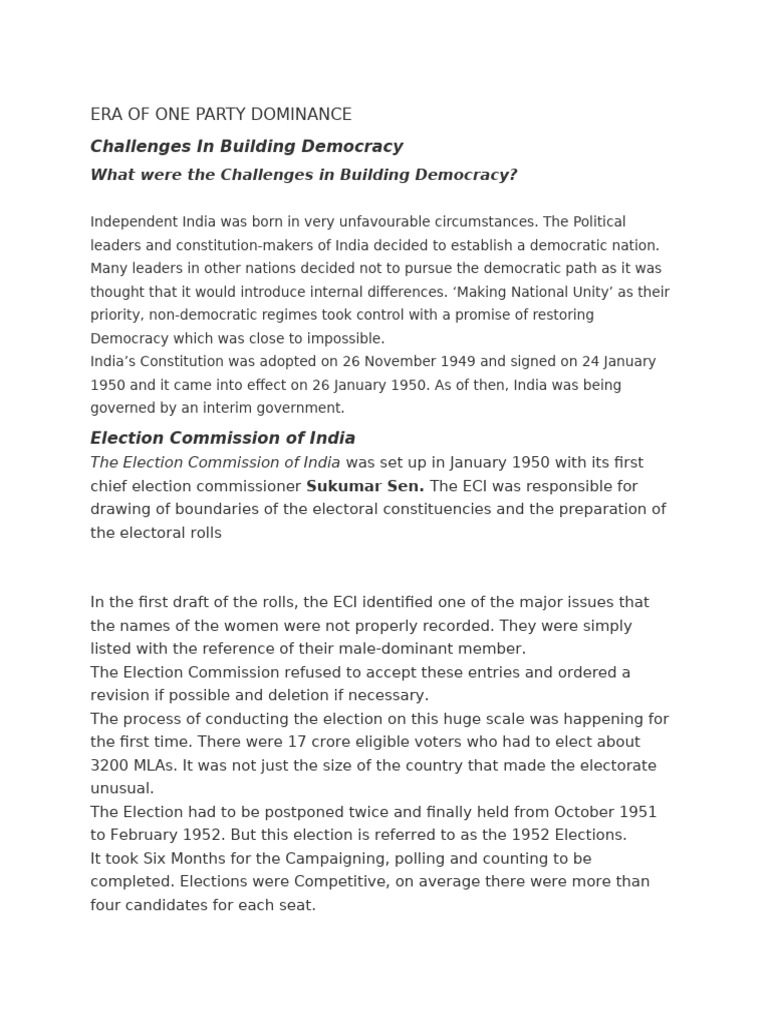 Challenges in Building Democracy: Era of One Party Dominance | PDF ...