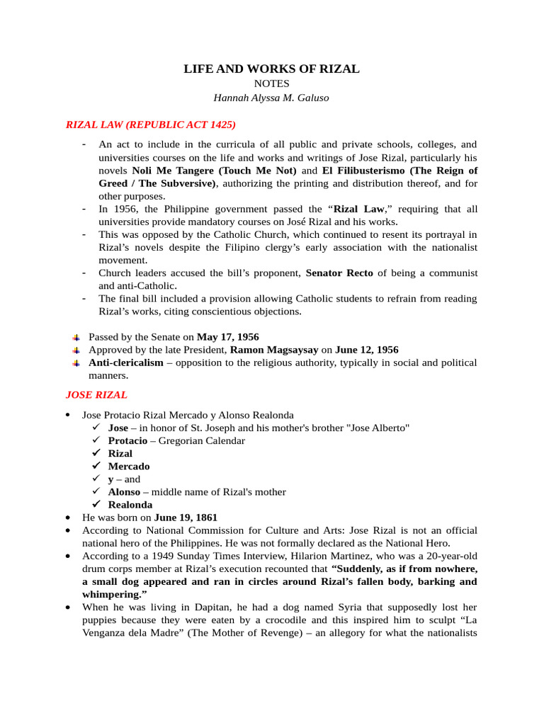 LIFE AND WORKS OF RIZAL Notes | PDF | Philippines