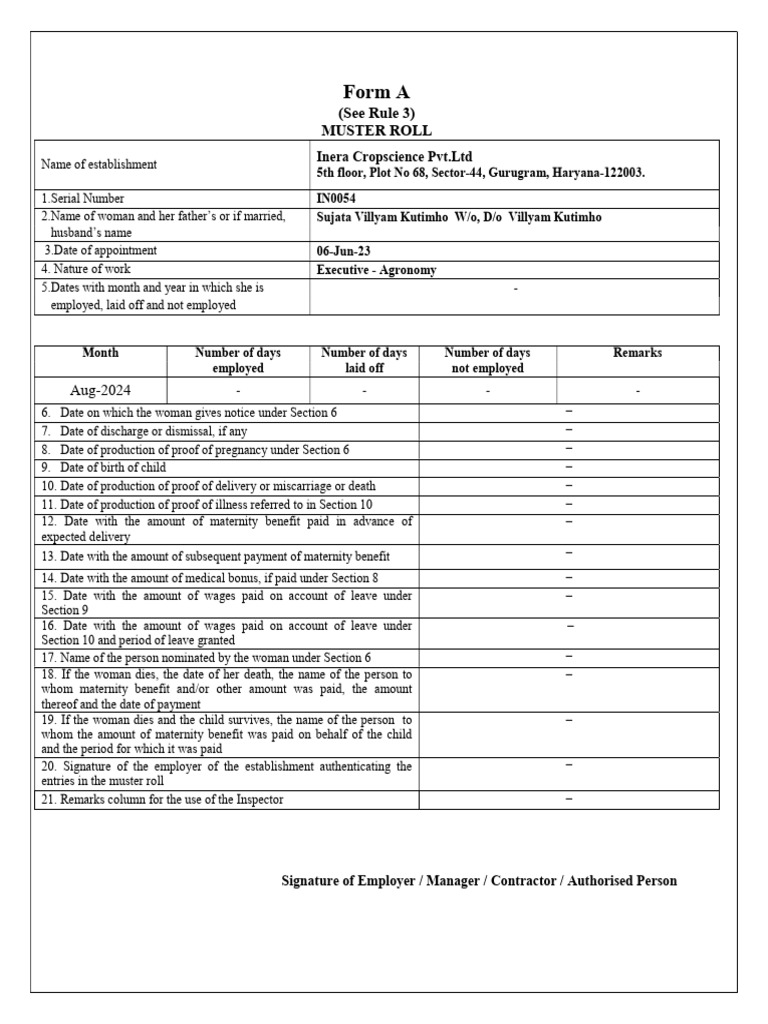 MATB1 Certificate Muster Roll Entries | PDF | Employment | Miscarriage