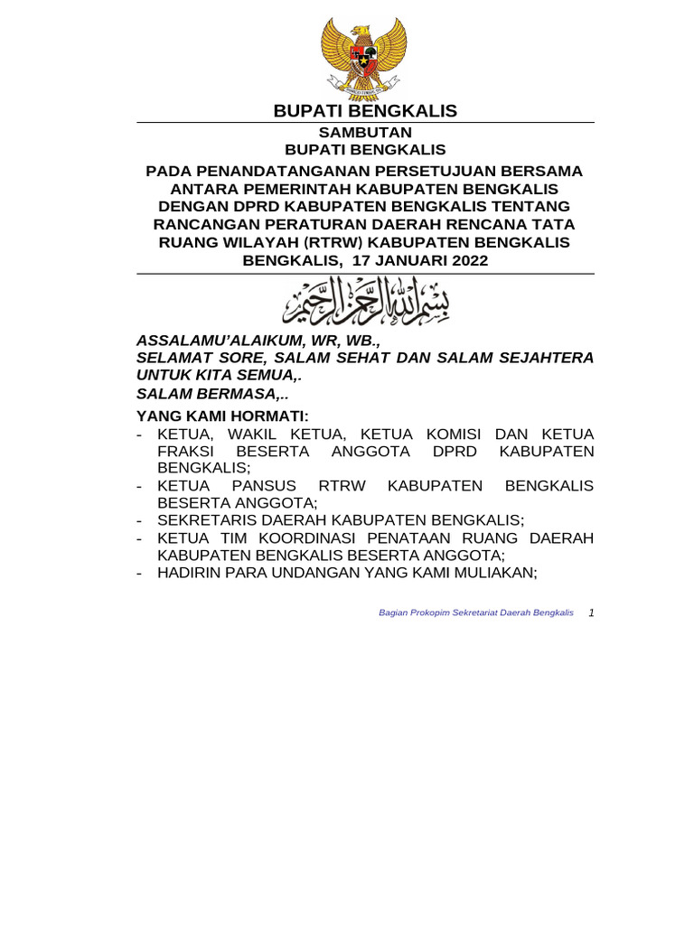Jan Pidato Bupati Penandatanganan Bersama RT RW Kabupaten Bengkalis | PDF