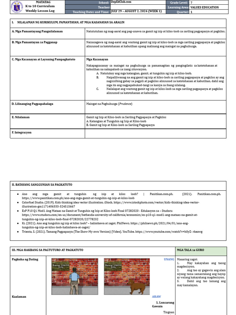 DLL Matatag - Values Education 7 q1 w1 | PDF