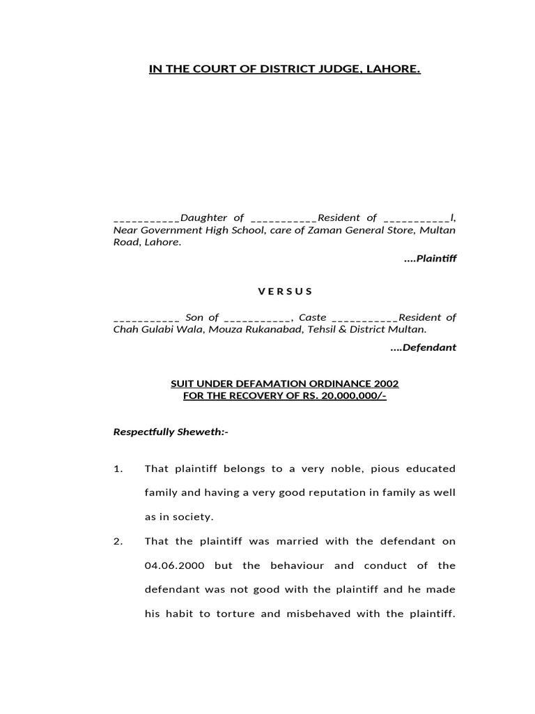 Defamation Suit for Rs. 20 Million | PDF | Defamation | Damages