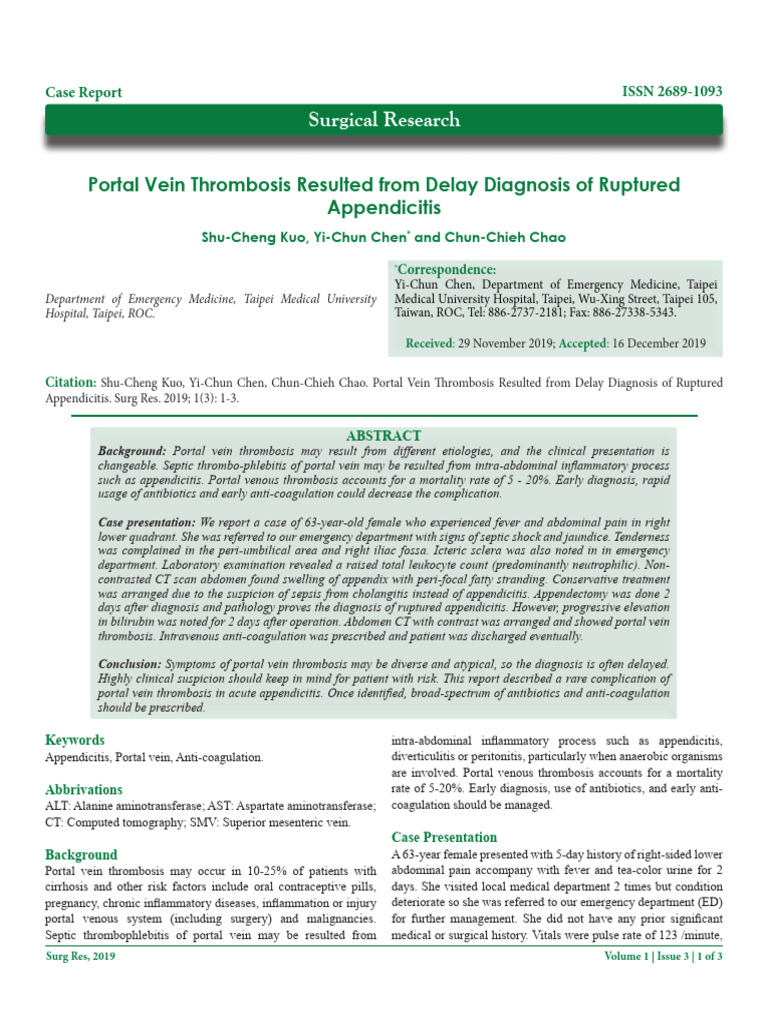 Portal Vein Thrombosis Resulted from Delay Diagnosis of Ruptured ...