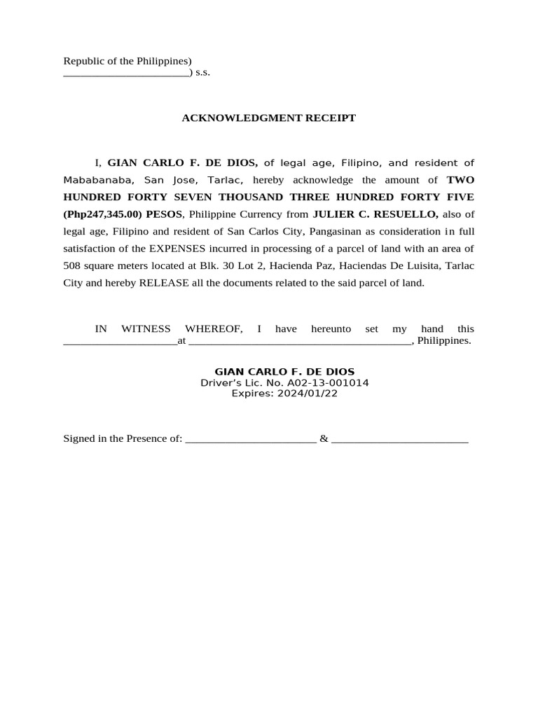 Acknowledgment receipt nana mauricia pdf philippines